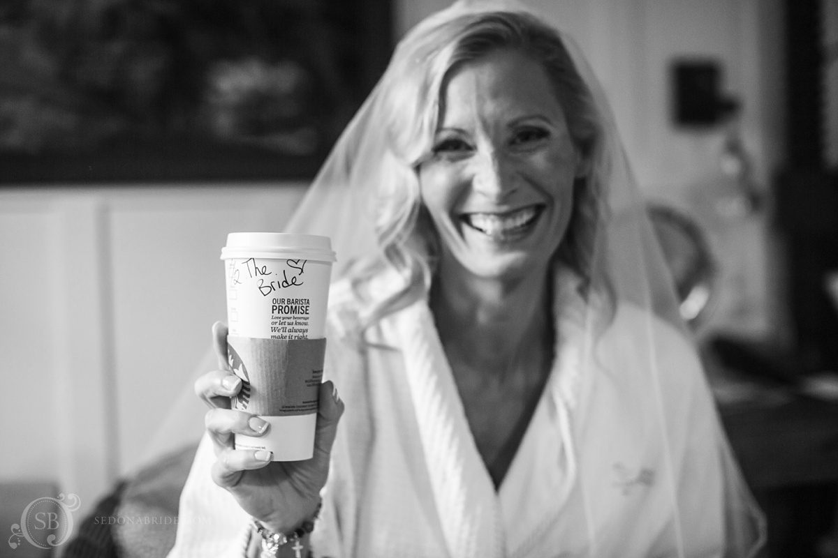 Sedona chapel wedding ~ Anita and Armand's wedding in Sedona - they are major Starbuck's coffee fans!