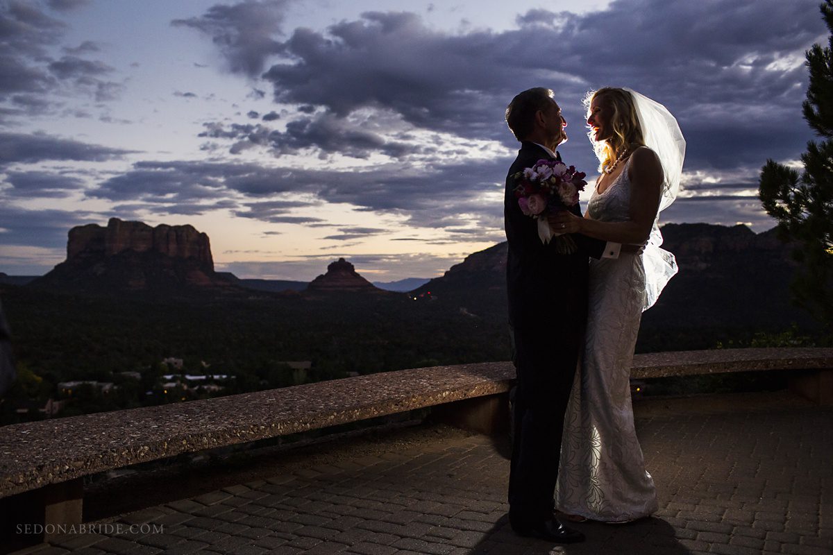 Sedona chapel wedding ~ Anita and Armand's wedding in Sedona - A quick silhouette of the Sedona wedding couple in that last moment of light.