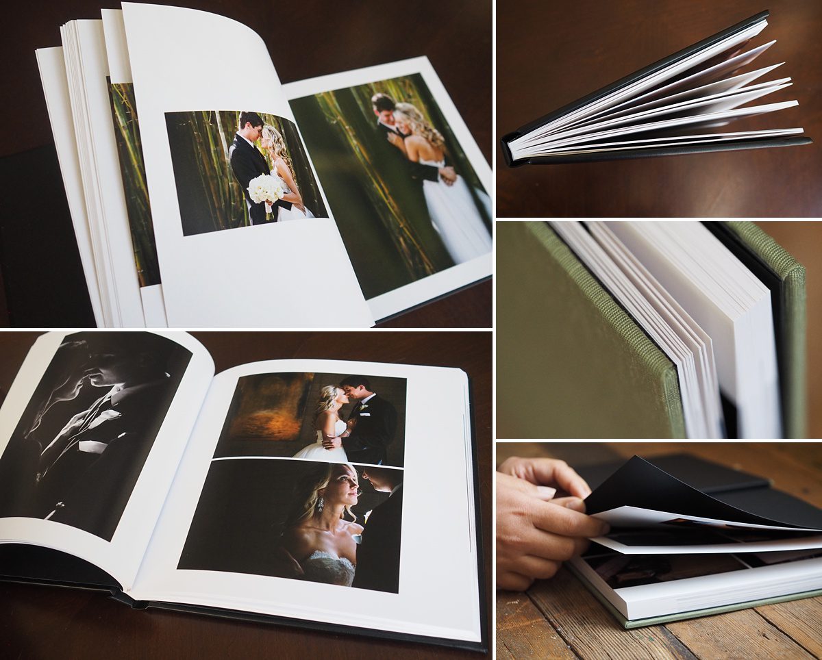 wedding book with custom designed layouts featuring an linen and leather cover