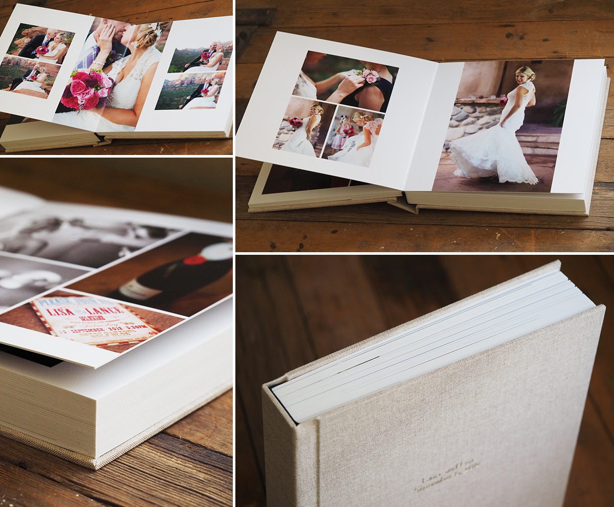 photos of an Heirloom album custom designed by Katrina Wallace with a linen cover and gold imprinting