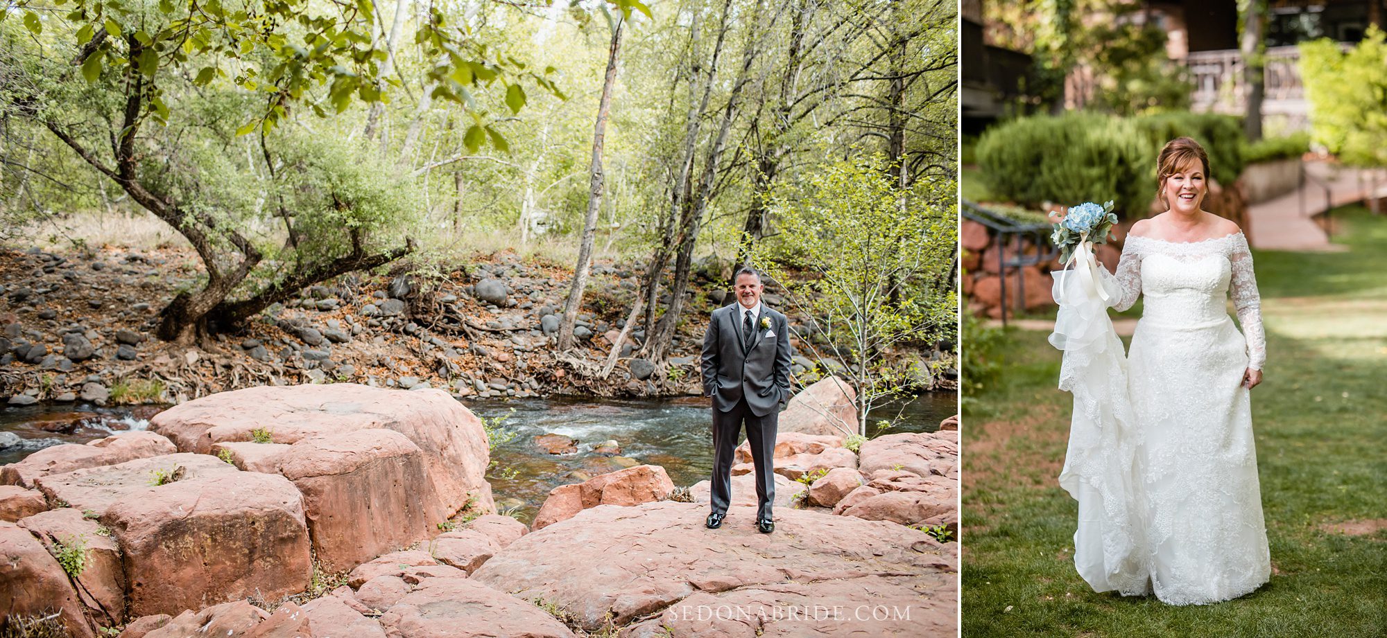 L'Auberge elopement groom waiting for bride on Serenity Point 