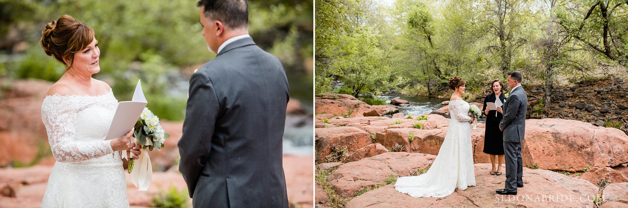 Couple exchanges vows on Serenity Point with Oak Creek in the background during their elopement in Sedona