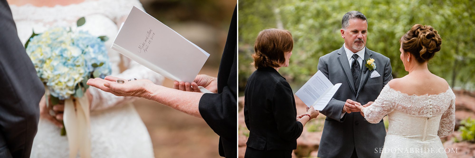 Rings and vows book and ring exchange during an elopement at L'Auberge