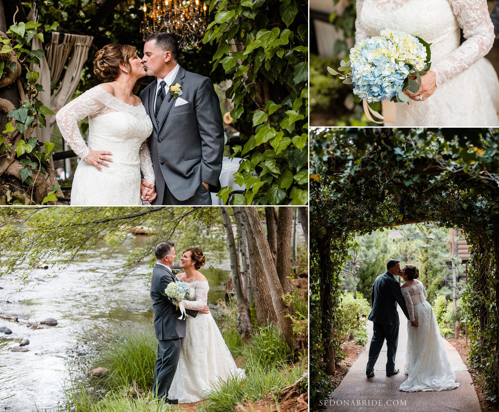 Bride and groom kissing during their wedding ceremony at L'Auberge